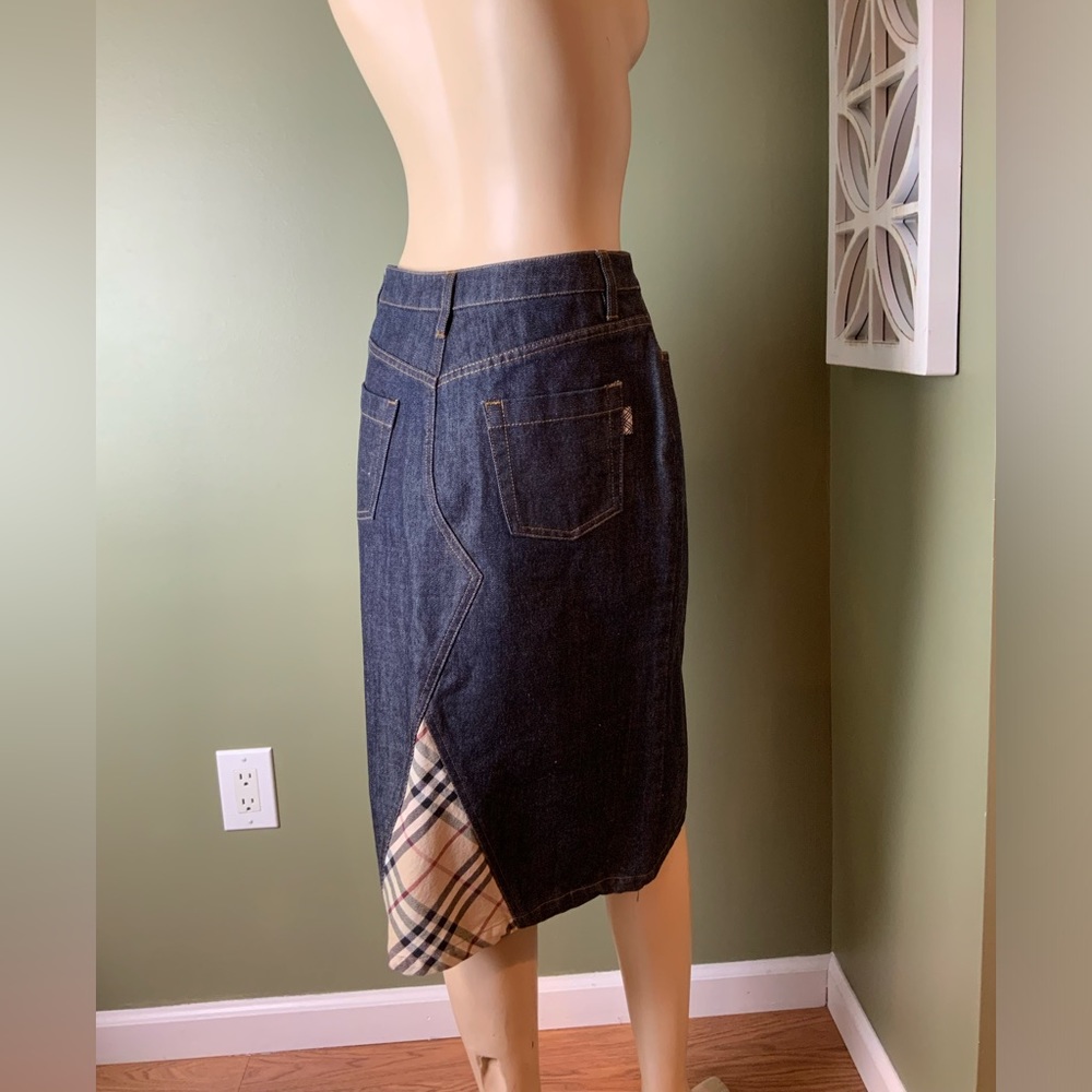 Burberry Dark Blue Denim Midi Skirt with Signature Check Panel - Picture 2 of 7
